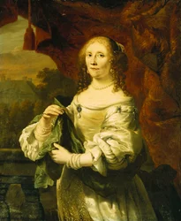 Retrato de uma senhora, de três quartos de comprimento, usando um vestido de cetim branco, coberto com um xale verde, diante de uma cortina vermelha em uma varanda, uma paisagem além: