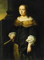 Retrato de uma dama, de três quartos, com vestido preto e verde, segurando um leque, num pórtico