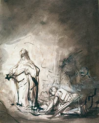 Saul e a Bruxa de Endor (caneta e lavagem de tinta sobre papel)