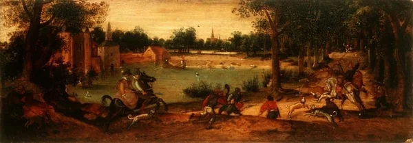 A caça ao javali: um de um par de paisagens