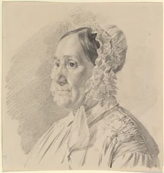 Retrato de uma mulher com touca de renda, em perfil de três quartos para a esquerda