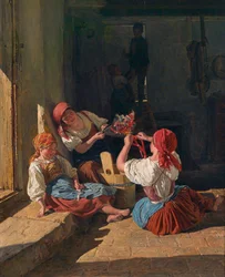 Crianças decorando um chapéu de recrutas, 1854