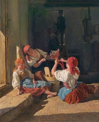 Crianças a decorar um chapéu de recruta. Pintura de Ferdinand Georg Waldmuller (1793-1865), óleo sobre madeira