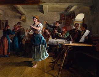 A Dança de Abertura. Cena em um café, a garçonete, parecendo feliz e descalça, esboça um passo de dança com uma garrafa vazia na mão. Ao seu redor, clientes tilintam copos levantando suas canecas de cerveja, para a saúde de um casal que