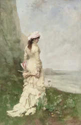 Uma senhora elegante à beira-mar