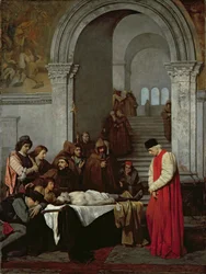 O pintor Luca Signorelli em pé junto ao corpo do filho morto de seu rival, 1859