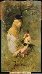 Mulher e criança numa paisagem (óleo sobre madeira)
