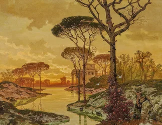Noite paisagem da costa com uma villa de estilo antigo. 1901