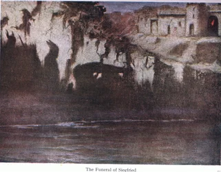 O funeral de Siefried, ilustração das histórias do bar das óperas de Wagners. por George Harrap & Co Ltd 1932