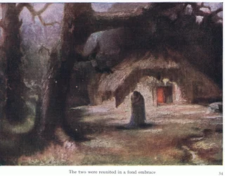 Os dois se reuniram em um abraço carinhoso, ilustração do pub The Stories of Wagners Opera. por George Harrap & Co Ltd 1932