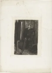 Retrato de um artista em pé atrás do cavalete No estúdio