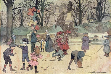 Jogos de colin-aillard, corda de saltar, balão e areia no jardim público, em Imagier de l