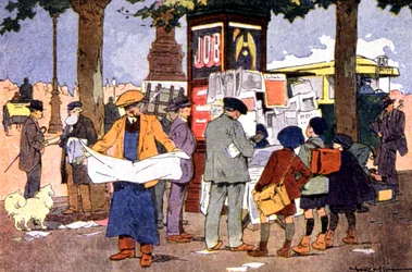 Quiosque de jornais na praça da Bastilha, c.1910 (ilustração)