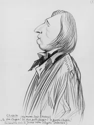 Caricatura de Frederic Chopin "na casa da Madame Sand em Nohant", início do século XX (lápis sobre papel) (foto a p/b)