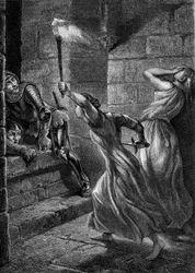 Heroísmo: Julienne Du Guesclin, a irmã de Bertrand Duguesclin, agarrou um porco para repelir soldados ingleses tentando invadir o Castelo de Pontorson. Século XIV. Gravura de 1864 por Eugene Delacroix.