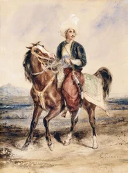 Um guerreiro árabe a cavalo em uma paisagem,