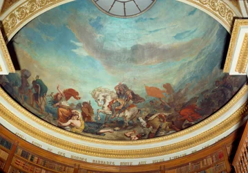 Átila (395-453), chefe da tribo dos Hunos, invadiu a Itália em 452, seguido pelas suas hordas bárbaras. Fresco de Eugène Delacroix (1798-1863) que decora a cúpula da biblioteca da Assembleia Nacional (Palais Bourbon), 1843, Paris