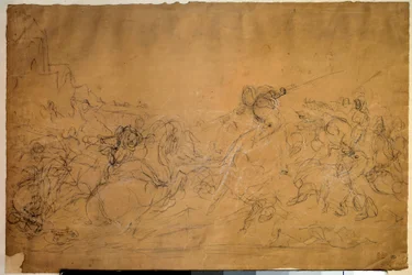 Desenho de Cena de Batalha em Papel de Salmão por Eugene Delacroix (1798-1863) Sol do século XIX. 0,30 X 0,45 m. Paris, Museu do Louvre
