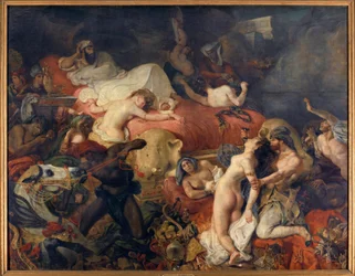Morte de Sardanápalo. Sardanápalo, rei assírio cercado por insurgentes, mandou matar as suas esposas e cavalos antes de se matar. Pintura de Eugène Delacroix (1798-1863)