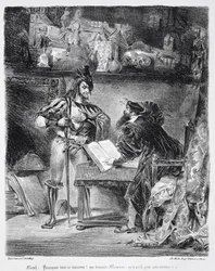 Primeiro Encontro entre Fausto e Mefistófeles: `Por que todo esse ruído &39;, do Fausto de Goethe, 1828, (ilustração) (foto bw de litografia)