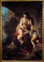 Medeia furiosa. Medeia mata os seus dois filhos numa gruta. Pintura de Eugène Delacroix (1798-1863)