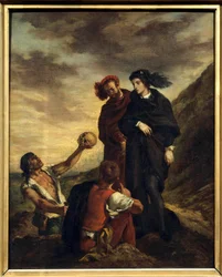 Hamlet e Horatio na Ilustração do Acto V da peça "Hamlet" de William Shakespeare (1564-1616). Pintura (Vanite) de Eugene Delacroix (1798-1863) 1839 Dim. 0,81 x 0,65 m Paris. Museu do Louvre