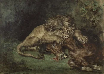 Leão dévorant un cheval (Leão Devorando um Cavalo), c. 1844 (aquarela, bodycolor e goma arábica com grafite sobre papel, montada a bordo)