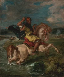 Cavaleiro marroquino cruzando um Ford, c.1850 (óleo sobre tela)