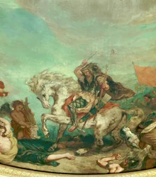 Representação de Átila (395-453), rei da tribo dos hunos. Pormenor de um fresco de Eugène Delacroix (1798-1863) que decora a cúpula da biblioteca da Assembleia Nacional (Palais Bourbon), 1843, Paris