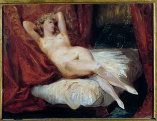 Estudo de mulher nua deitada num sofá disse a mulher com meias brancas Pintura de Eugene Delacroix (1798-1863)