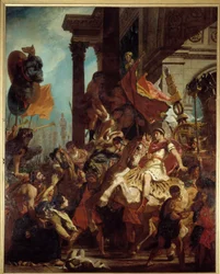 A Justiça de Trajano Uma viúva cujo filho foi morto pede justiça ao Imperador Trajano (Marcus Ulpius Trajano, 53-117) partindo para a guerra. Ilustração do Puragatório em "La Divina Commedia" (Divina Comeide) de Dante Alighieri (1265-1321) Pintura de Eug