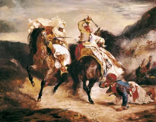A luta de Giaour e Pasha. Inspire-se no poema de Lord Byron "" Le Giaour "". Pintura Orientalista de Eugene Delacroix (1798-1863)