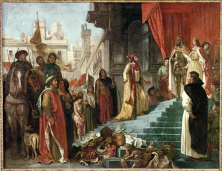 O regresso de Cristóvão Colombo; a sua audiência perante o rei Fernando e a rainha Isabel, os governantes católicos (óleo sobre tela)