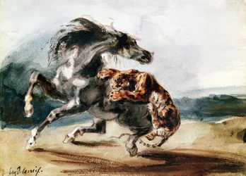 Tiger Attacking a Wild Horse (caneta e tinta e aguarela sobre papel)