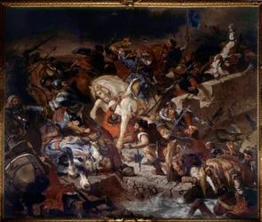 Vista da Batalha de Taillebourg ganha pelo Rei Saint Louis a 21 de Julho de 1242. Batalha entre as tropas Capetian do Rei de França Saint Louis e as das suas revoltas vassalos, Henrique III de Inglaterra e Hugh X de Lusignan. Pintura de Eugene Delacroix (1