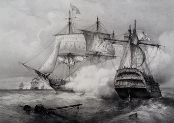 Batalha entre navio americano de 74 tiros e fragata britânica, litografia de Ferdinand Perrot