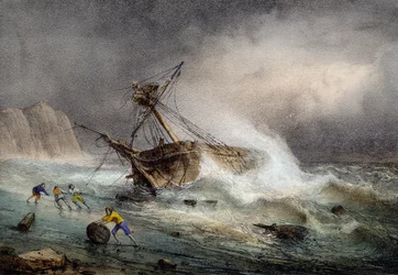 Brigantine stranded, litografia colorida de Ferdinand Perrot