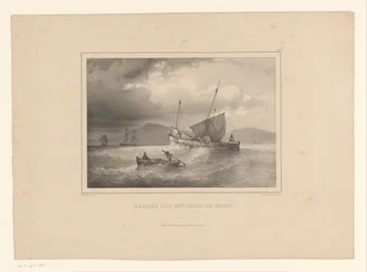 Brig encalhado entre as ondas altas Brick a la cote (título no objeto) Estudos Navais por Ferdinand Victor Perrot (título da série)