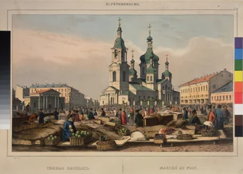 O Passeio do Feno e a Catedral da Assunção da Mãe de Deus, em São Petersburgo. Trabalho de Ferdinand Victor Perrot (1808-1841), litografia e aguarela sobre papel
