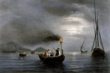 Pesca nocturna com candeeiro de pesca, litografia colorida de Ferdinand Perrot (1808-1841)
