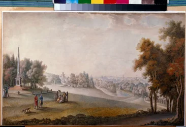 "Vista do Parque em Tsarskoye Selo" por Ferdinand de Meys(?-ca 1810), Aguarela, Gouache sobre papel