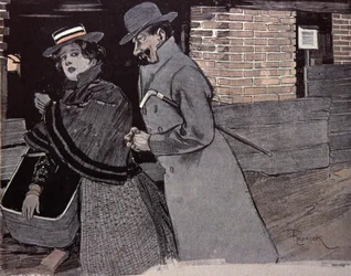 Homem a assediar uma jovem mulher. Ilustração de F. Von Reznicek em: Simplicissimus, Alemanha