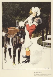 Homem a ajudar uma mulher a desmontar de um burro (cor litho)