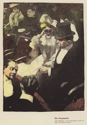 Mulher olhando através de um par de óculos de ópera no teatro (lito colorido)