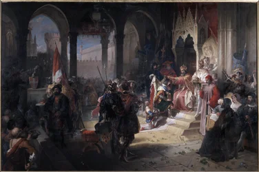 Amedee VIII o Pacífico (Amedeo VIII il pacifico) (1383-1451) foi o Duque de Sabóia, coroado pelo Imperador Sigismundo I do Santo Império em 19-02-1416, durante sua visita à Chambery Painting por Ferdinando Cavalleri (1794-1865) Chateau (Castello) di Aglie,