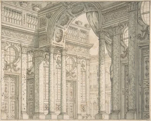 Desenho de uma Perspectiva para um Cenário com Pátio e Arco Triunfal., c. 1675-1743.