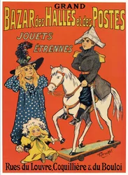 Cartaz publicitário do Grand Bazaar des Halles et des Posts: Loja de brinquedos e jogos (Um pequeno Napoleão de madeira, uma bruxa e uma boneca) Ilustração de Fernand Fernel (Cerckel) (1872-1934) 1899