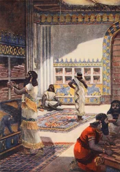 A famosa biblioteca do rei Assurbanípal em Nínive, ilustração de «Hutchinson
