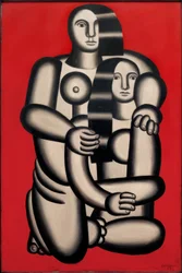 Duas figuras sobre fundo vermelho