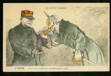 Postal, Satirical in Colors, ca. 1914_12: Um pequeno presente que ofereço com os meus melhores votos para 1915 - Guerra de 14-18, Canhões, conchas - William II, Joffre Illustration de Gottlob (1873-1935)